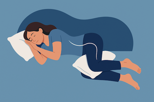 Illustratie van een vrouw die op haar zij slaapt met een kussen tussen haar knieën, de aanbevolen houding bij lage rugpijn.