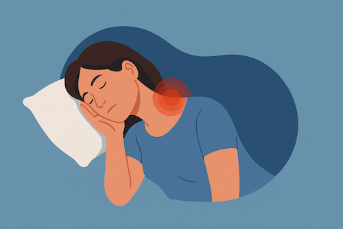 Illustratie van een vrouw die op haar zij slaapt met zichtbare spanning in haar nek, symbool voor slaaphouding met nekklachten